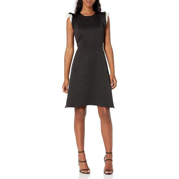 HALSTON HERITAGE $395 Ruffle Cap Sleeve A-Line Dress Black Size 14 - Picture 1 of 6